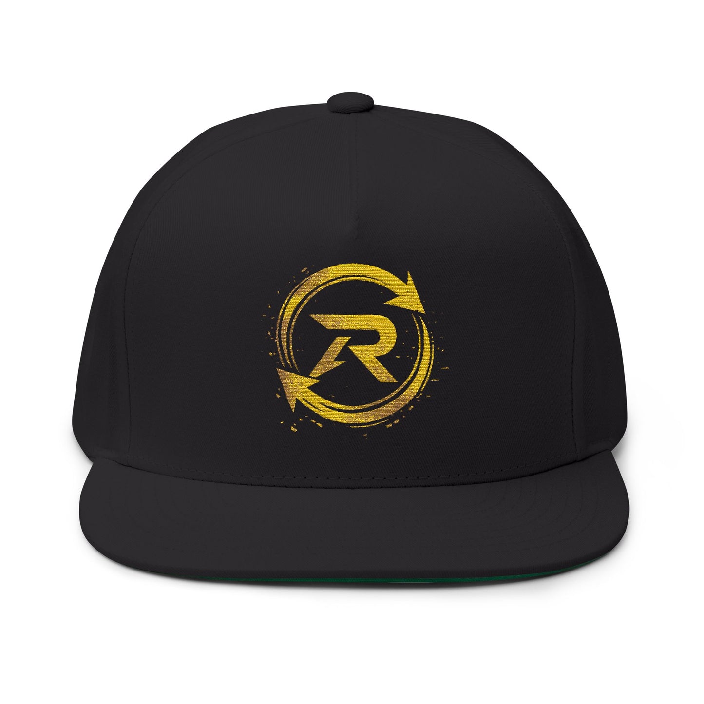 Embroidered Gold R Circle Logo Flat Bill Cap